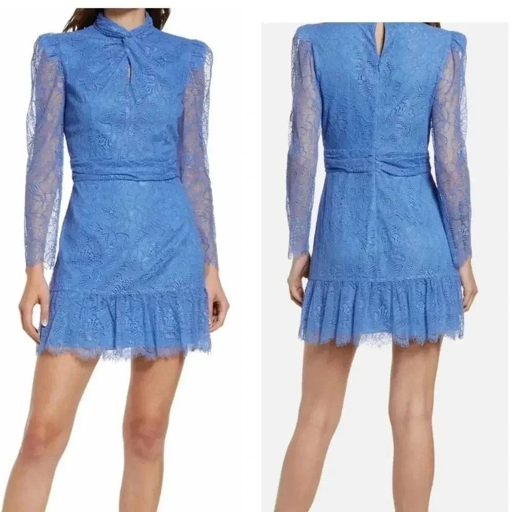 SAYLOR Jayme Lace Mini Long Sleeve Dress In Cornflower Blue Periwinkle Size Sm - Picture 1 of 7